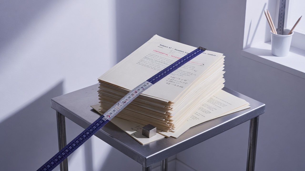 Cream dossiers on a metal table with an indigo measuring tape stretched across them