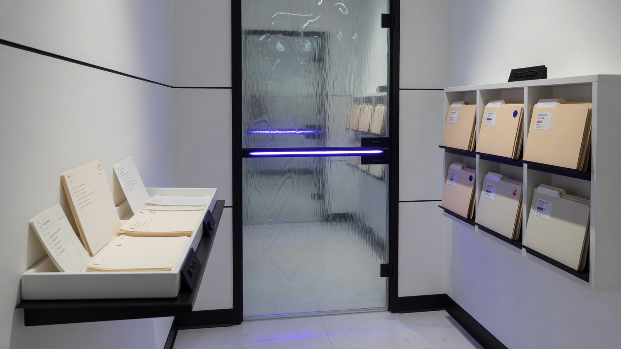 Three stations in a white corridor: intake, indigo gate, folder shelf