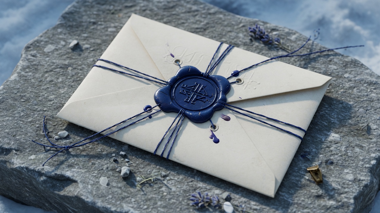 Sealed envelope bound with indigo thread on stone