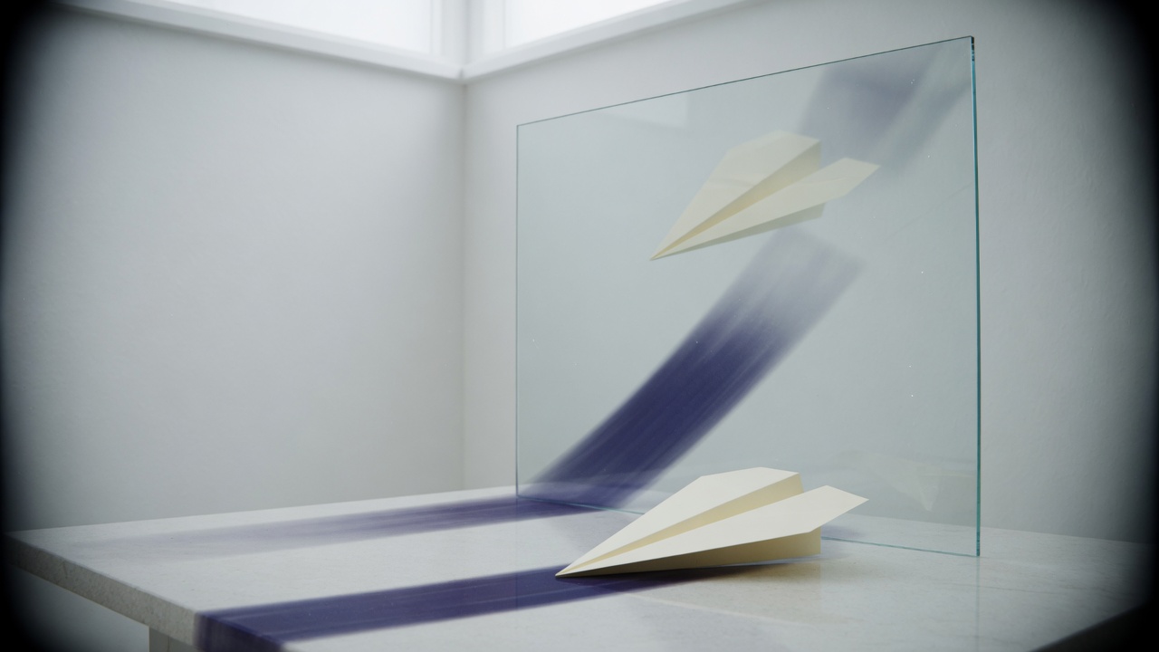 Paper plane with a lagging indigo reflection in glass