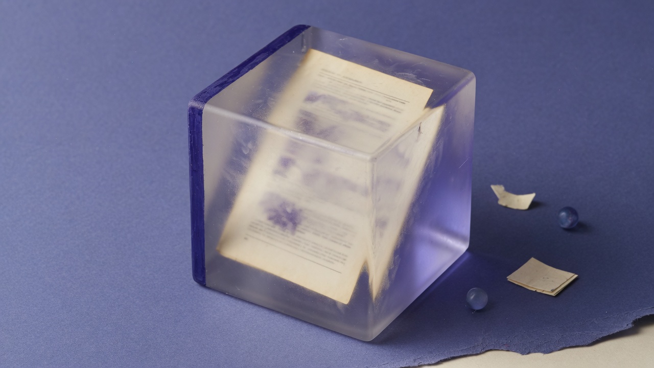Frosted glass cube previewing a blurred cream page inside, indigo edge