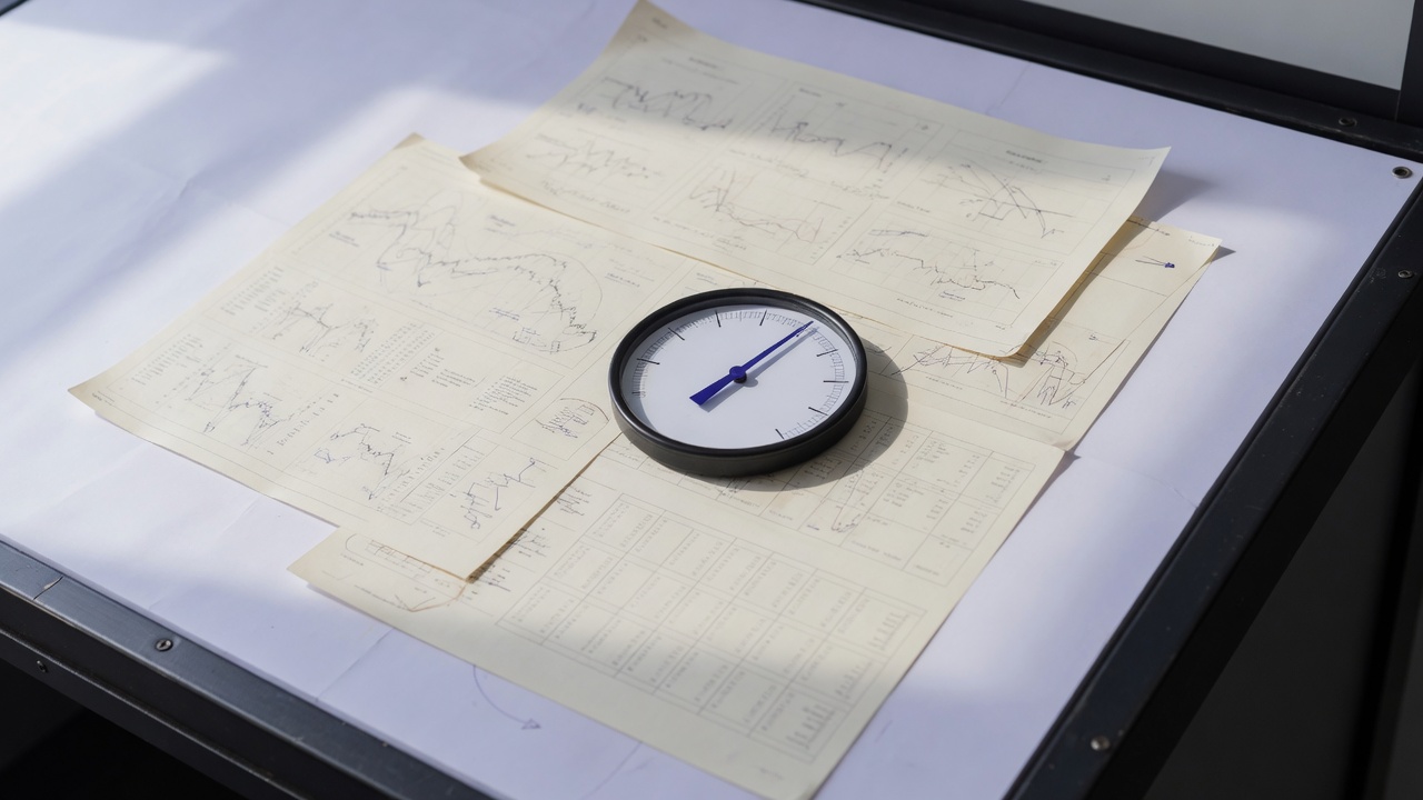 A precise indigo needle gauge resting on blank cream charts on a cool white desk