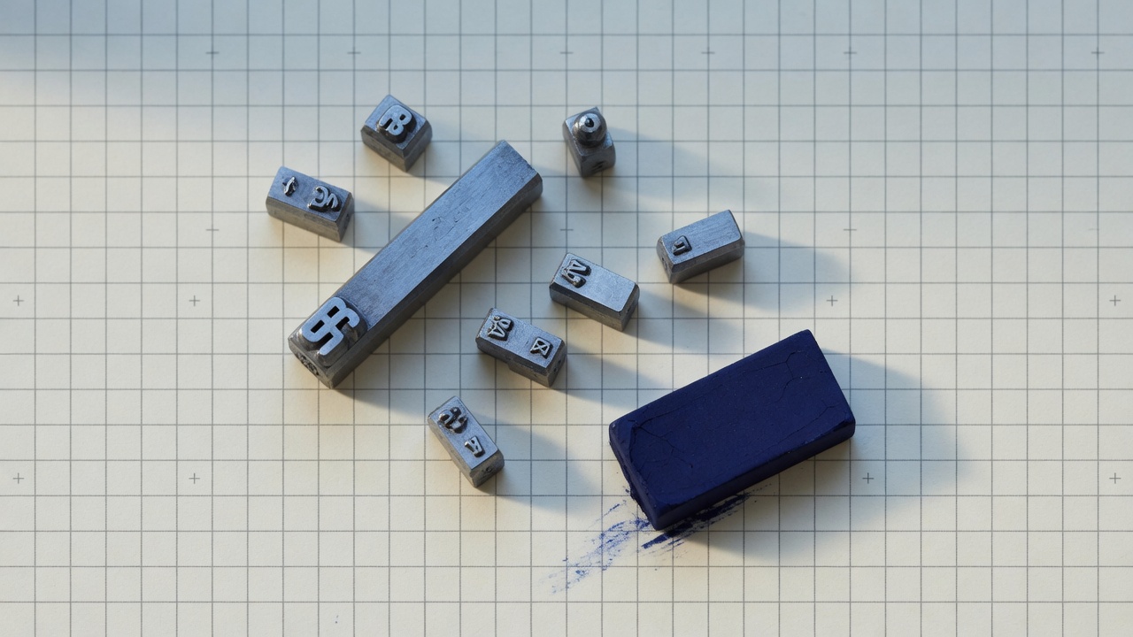 Metal letterpress punches and an indigo ink block on a cream grid sheet