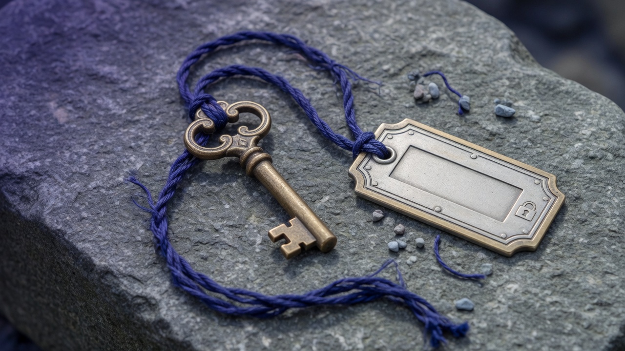 Brass key and blank metal tag with indigo thread on stone