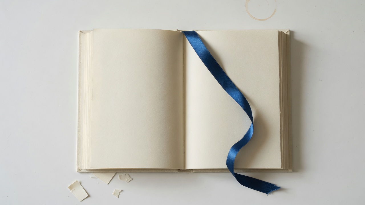 Open cream handbook with blank pages and indigo bookmark ribbon