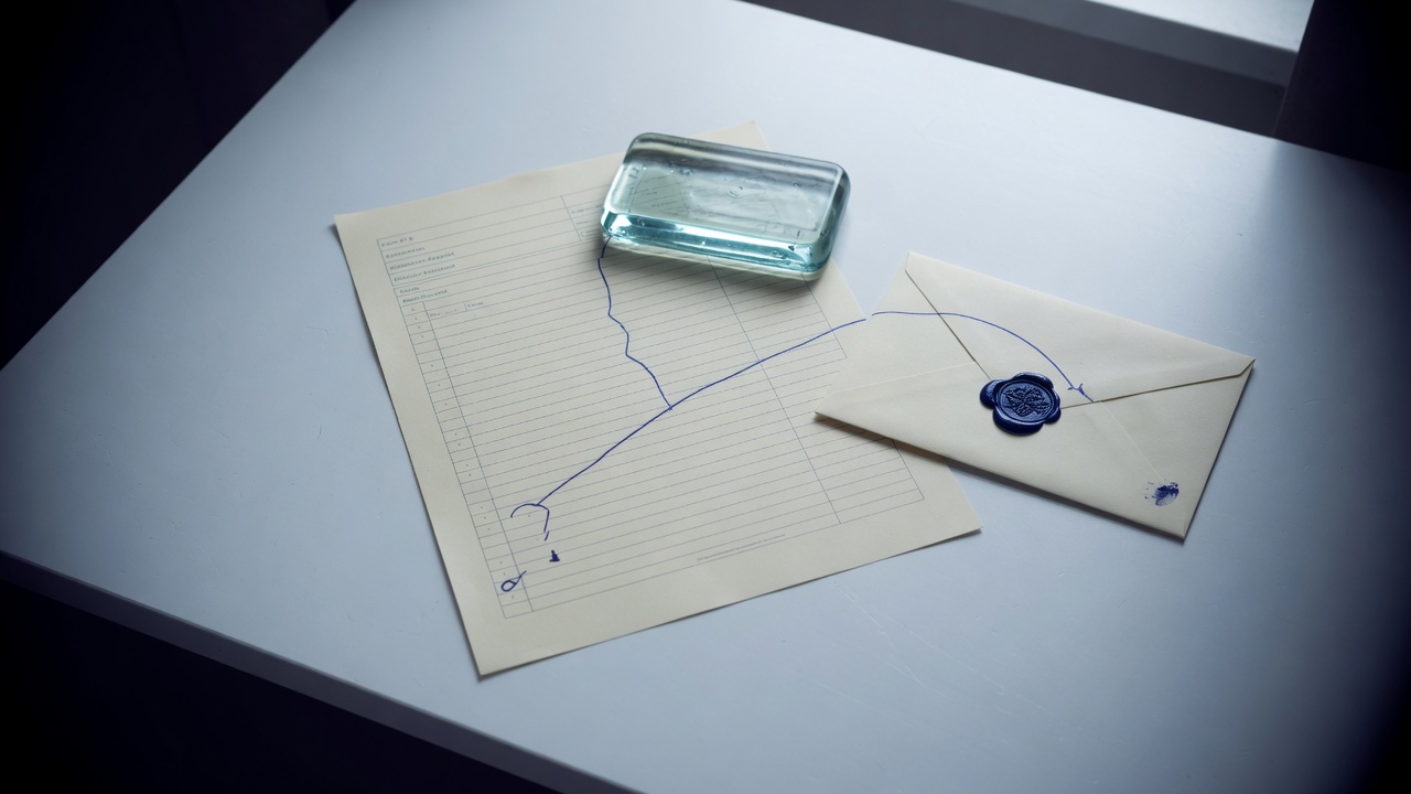 A cream form sheet and indigo pen line toward a sealed envelope on a cool white desk