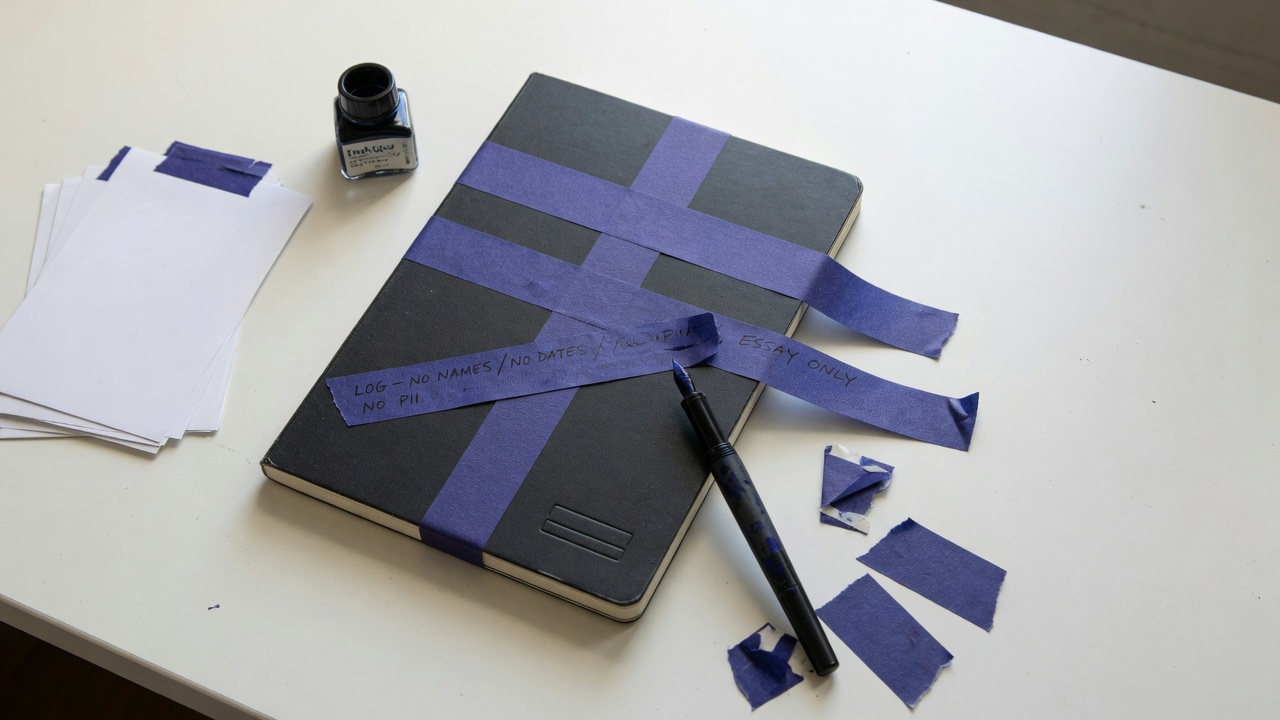 Black notebook with pages sealed by indigo tape on white table