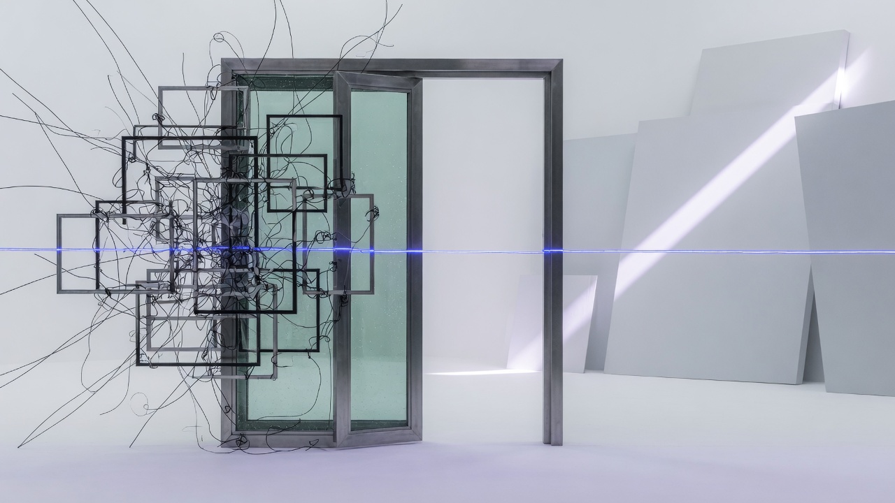 A doorway between tangled wire-frame density and a clean light path, marked by an indigo signal line