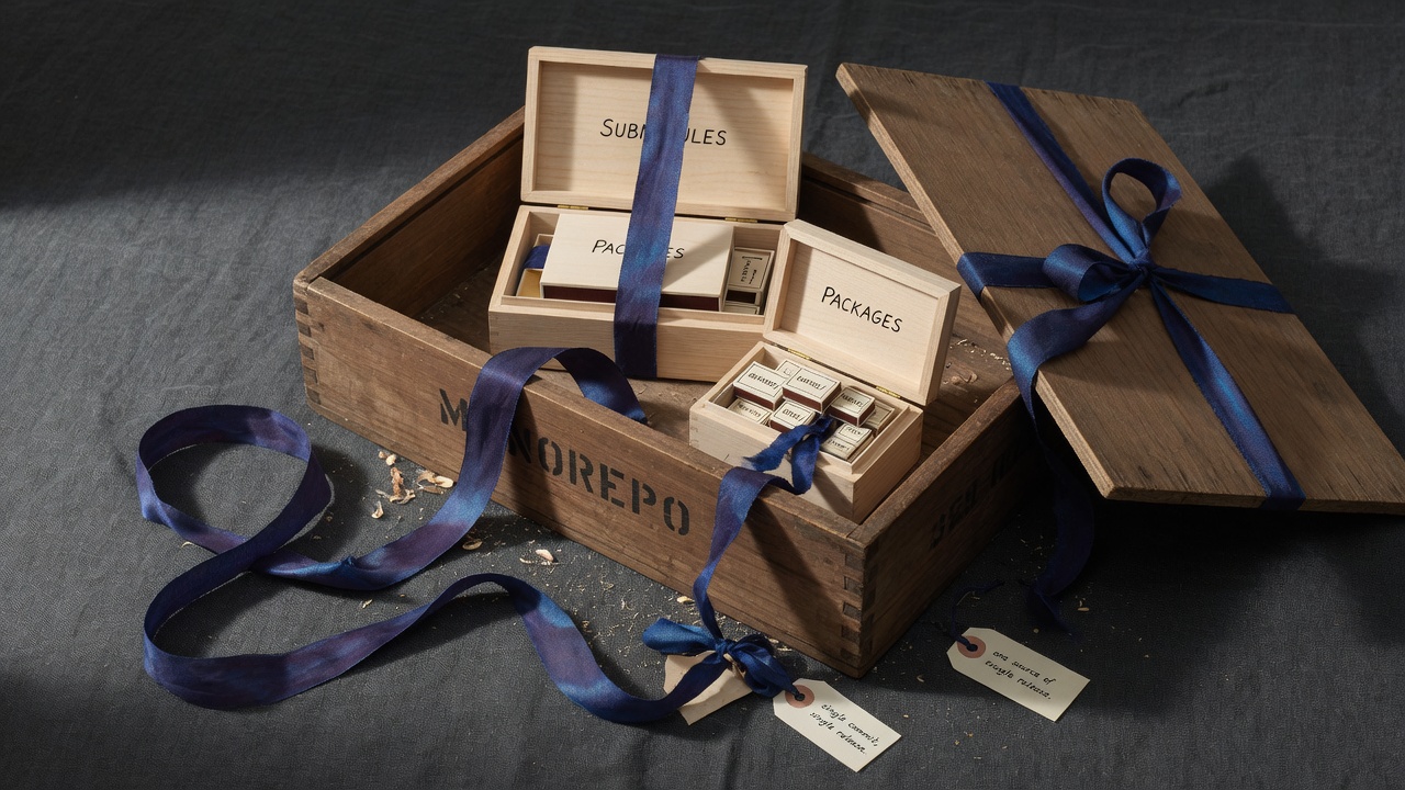 Nested wooden boxes open showing smaller boxes inside, indigo ribbon