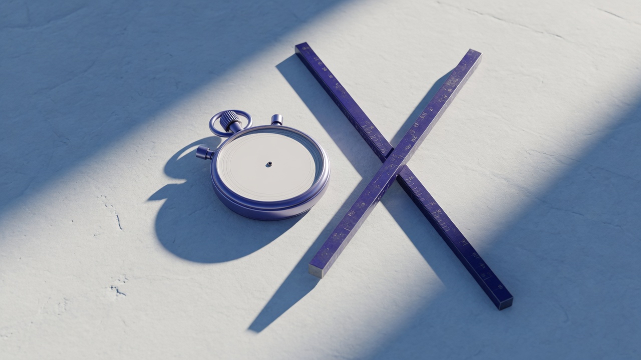 Stopwatch and measuring rod on pale stone