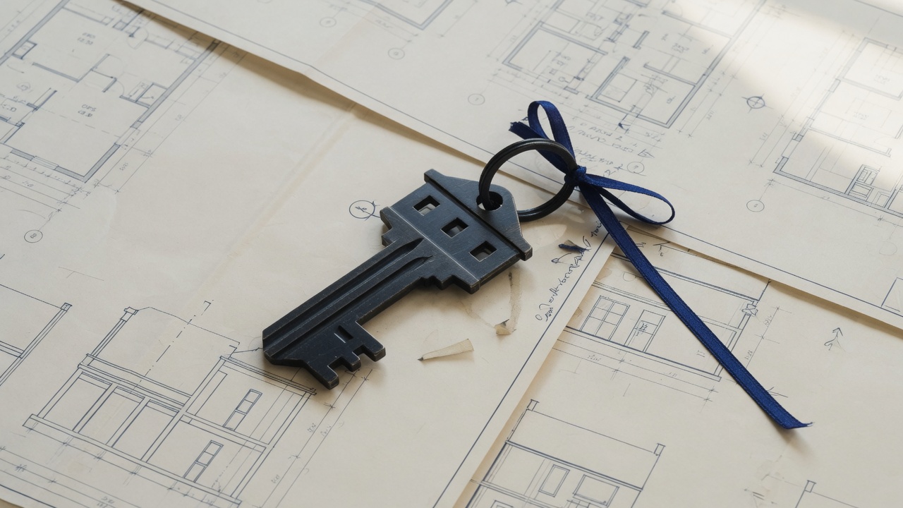 Key with indigo ribbon on blueprints