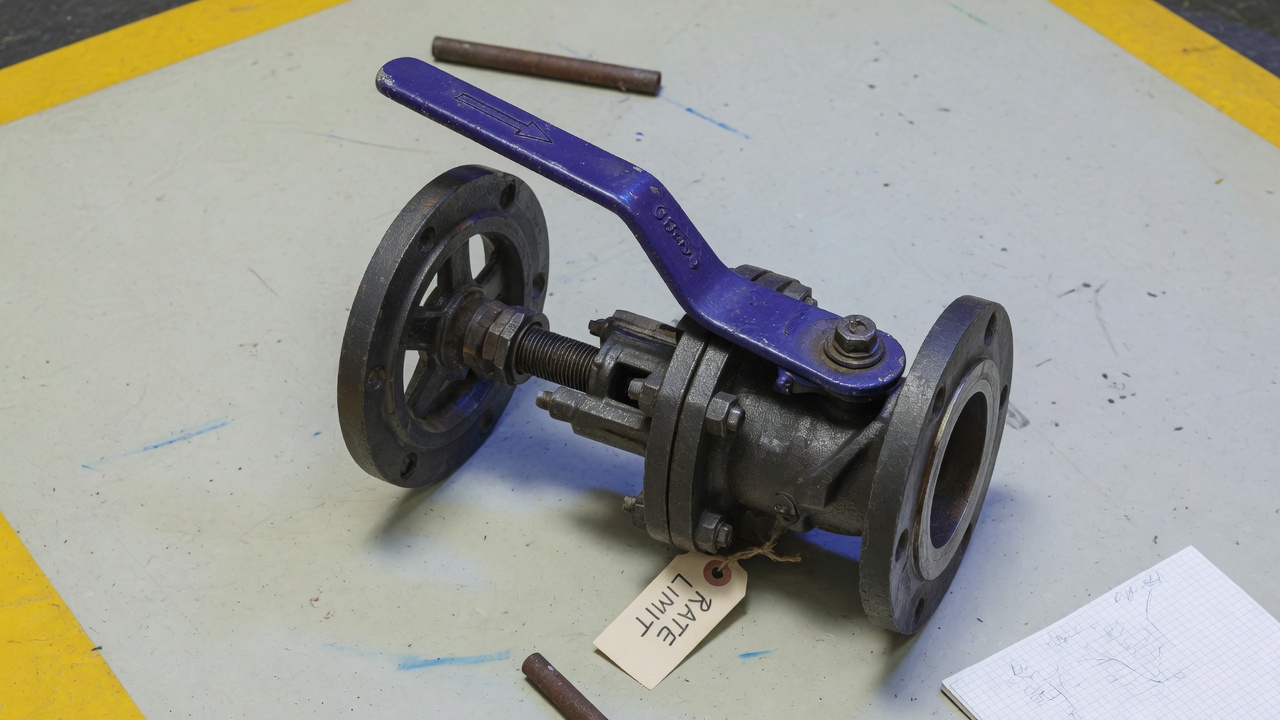 Metal gate valve partially closed with indigo handle accent