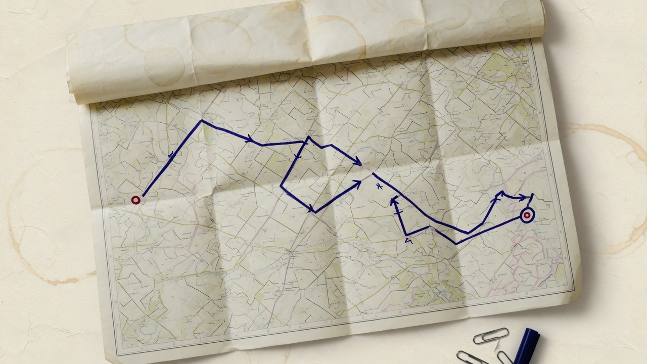 Folded cream map with an indigo path between points