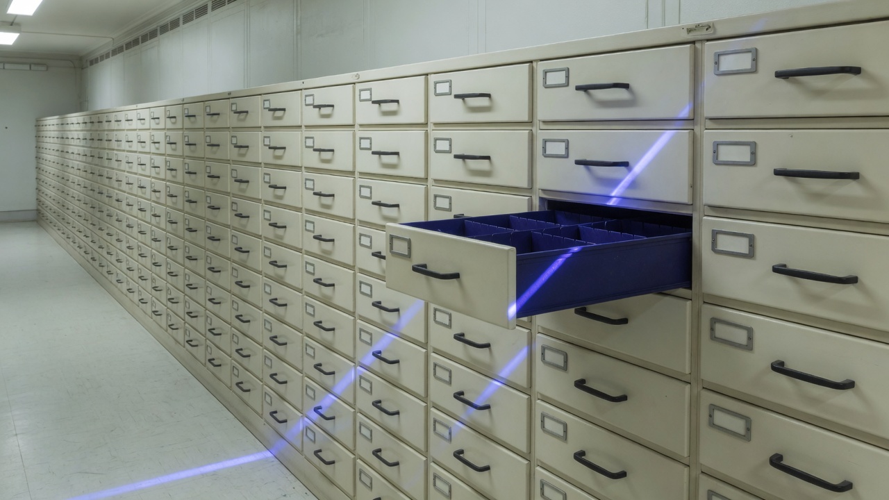 Catalog drawers with an indigo path of light
