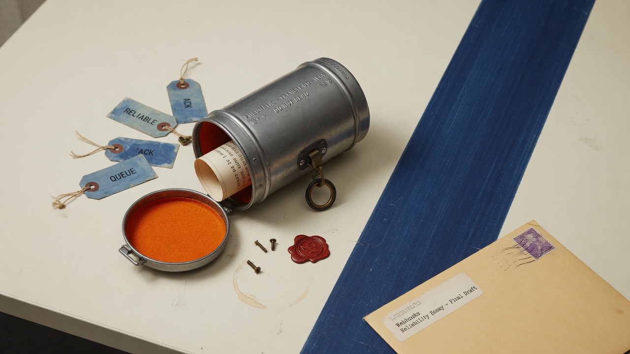 Metal pneumatic tube capsule with indigo stripe on a cream desk